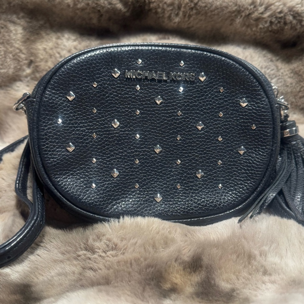 Michael Kors Black Leather Studded Oval Crossbody